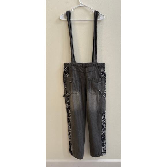 Easel Black Distressed Bandana Jeans Suspenders Overalls size Large - Picture 4 of 15